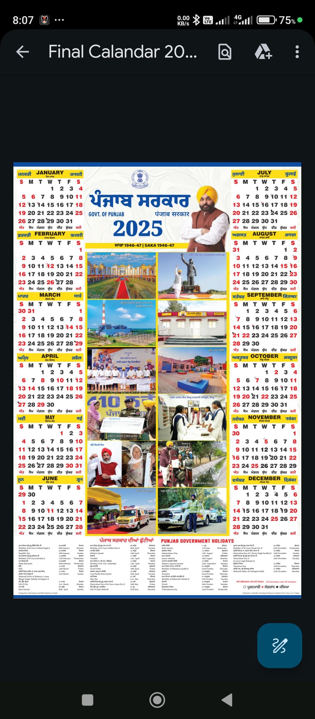 Punjab Govt Official Calendar 2025 PDF File Service Matter